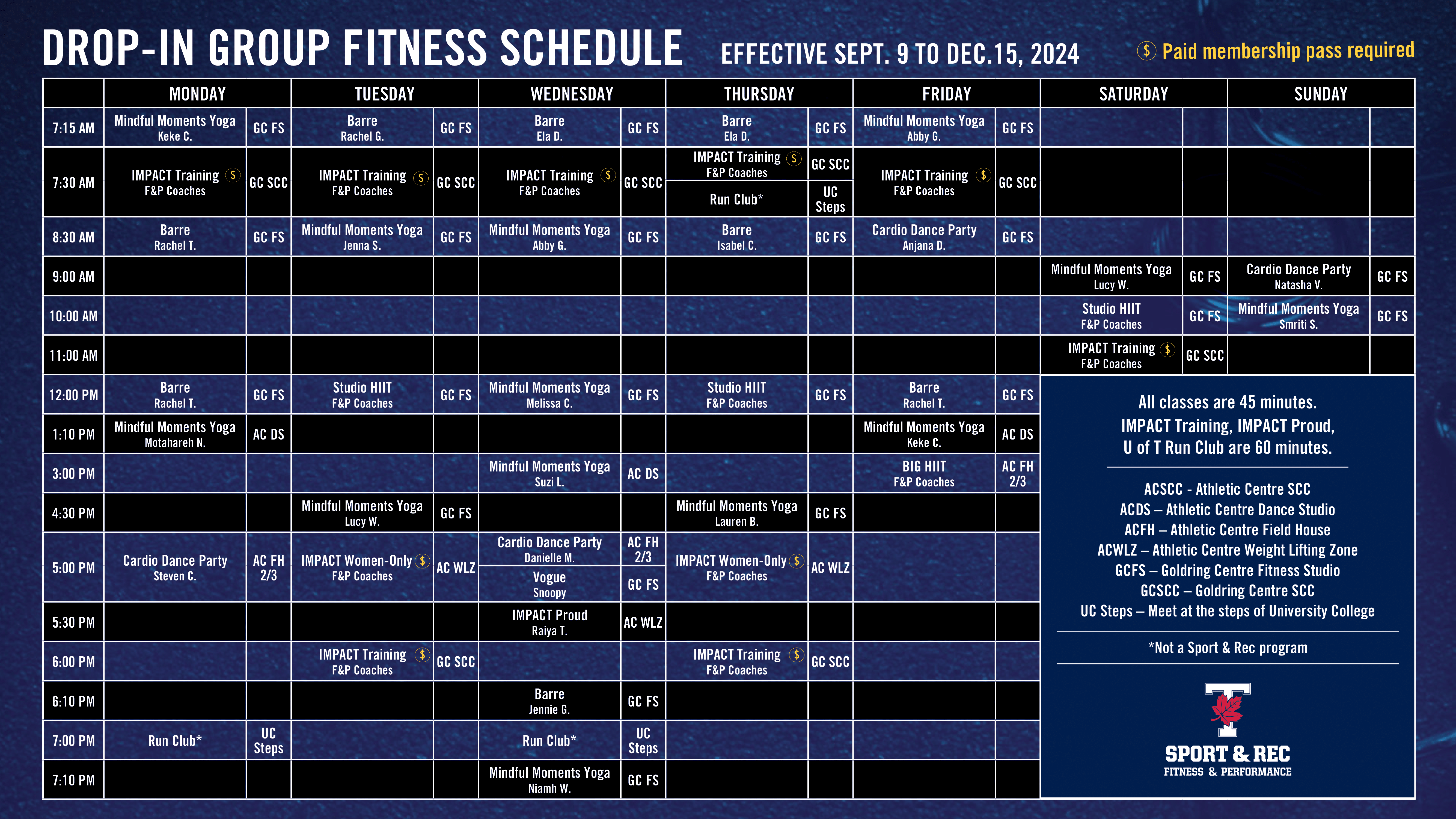 Weekly program schedule with class dates, times and locations