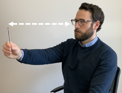 person sitting in seat moves pencil towards and away from eyes with directional arrows to show movement