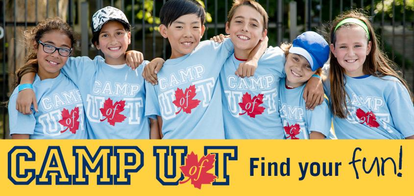 Happy children in Camp U of T t-shirts with a find your fun slogan