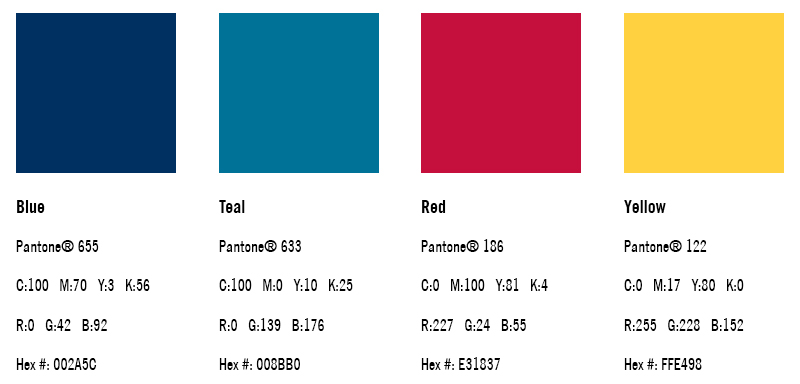 Blue pantone 655, teal pantone 633, red pantone 186, yellow pantone 122