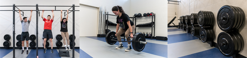 Composite of gym-goes wearing athletic clothes and interacting with equipment