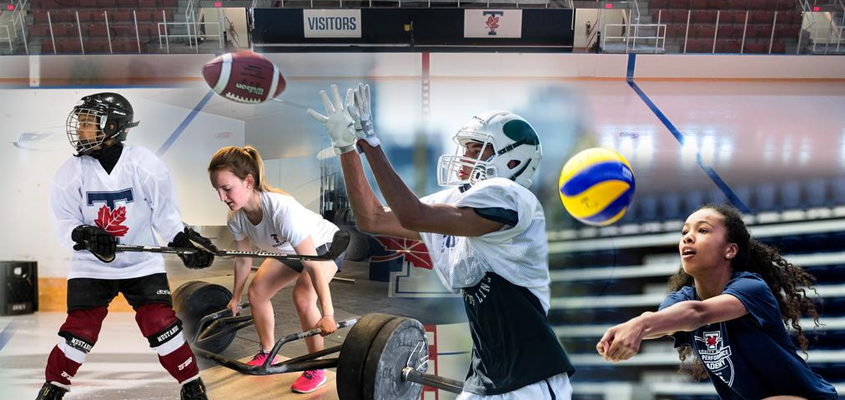 Composite of athletes playing hockey, lifting weights, playing football, and playing volleyball