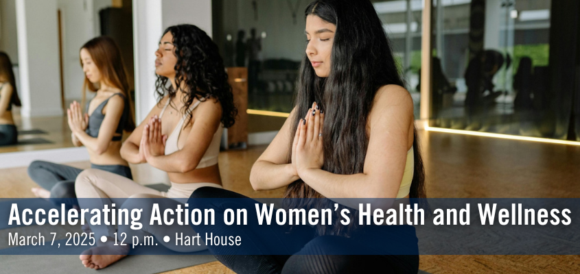 Three women sitting in a yoga pose side by side with their eyes closed; event name, date, time and location across the bottom