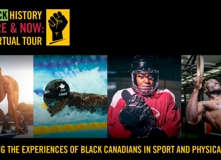 composite image of 4 black athletes with text: black history here and now - a virtual tour