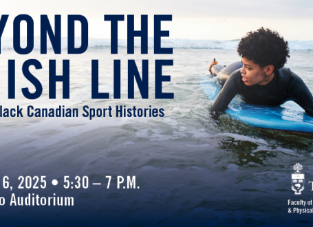 black woman on surfboard in water beside text displaying event title, date and location